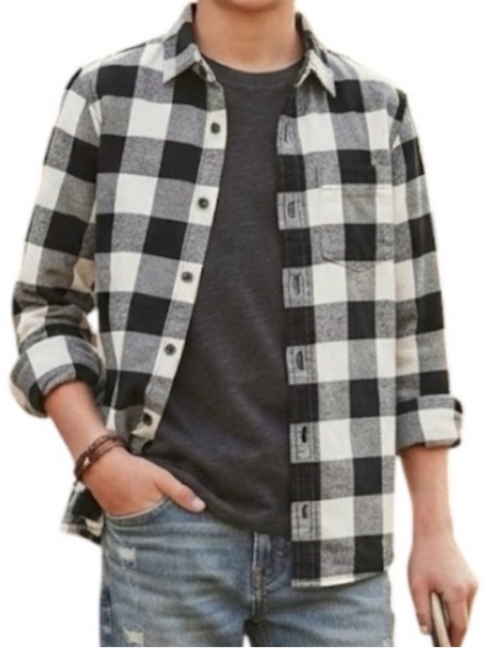 OLD NAVY Buffalo Plaid Flannel Shirt Boys Fall Black Ivory 10-12Y